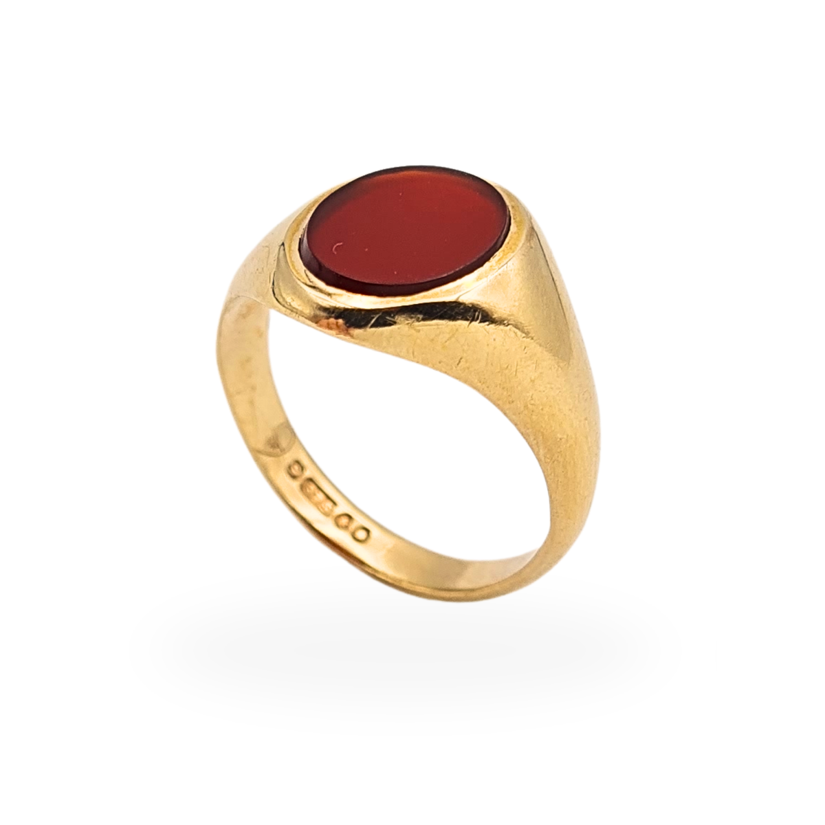 9ct gold carnelian signet pinky ring with oval deep red carnelian stone and polished solid gold band