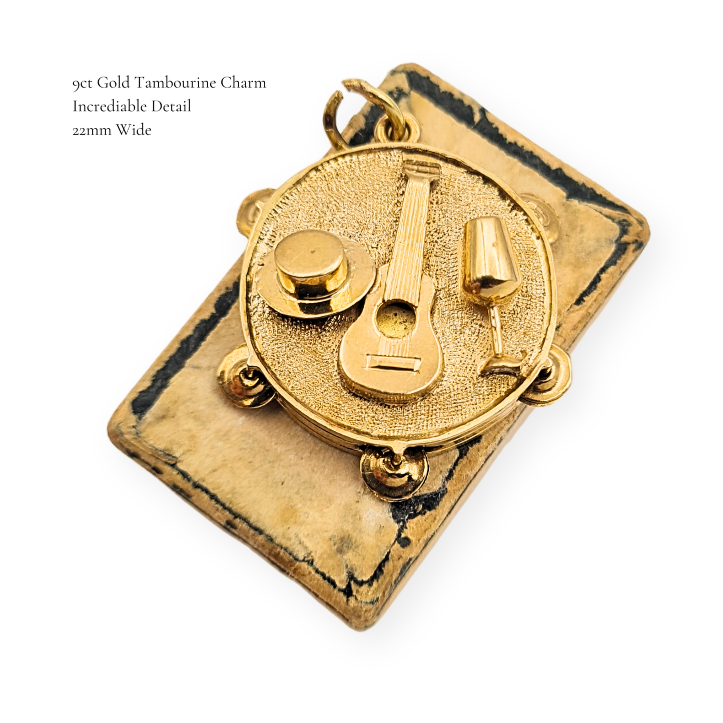 9ct Gold Moving Tambourine Charm Guitar and Hat