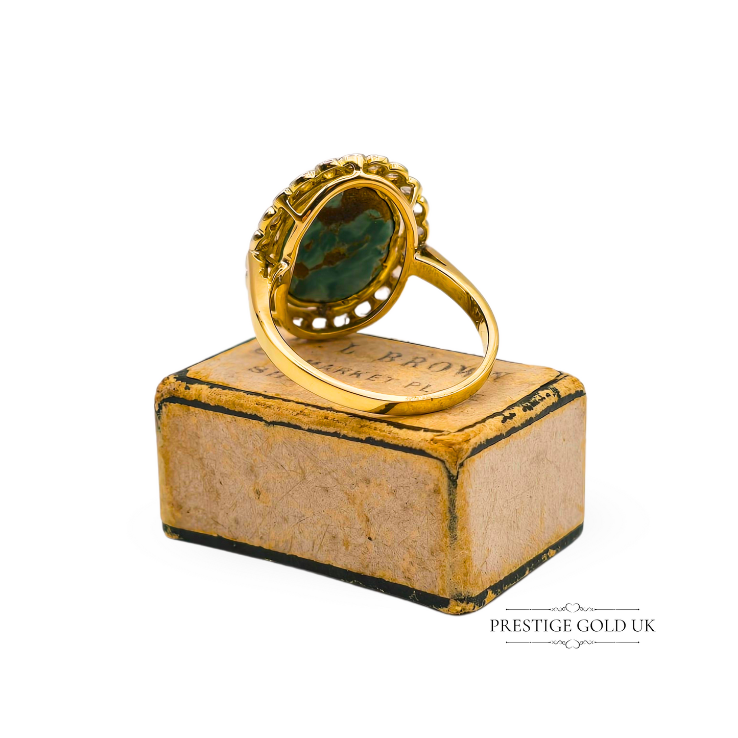 18ct Gold Oval Turquoise & Diamond Halo Cluster Ring,  UK M 1/2  US 6 3/4