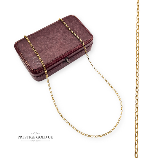 9ct gold belcher chain necklace, fully British hallmarked, measuring 16" (41cm) long and 1.7mm wide, weighing 2.0g, with faceted rolo links and a secure spring ring clasp — an elegant solid gold chain ideal for daily wear or layering.
