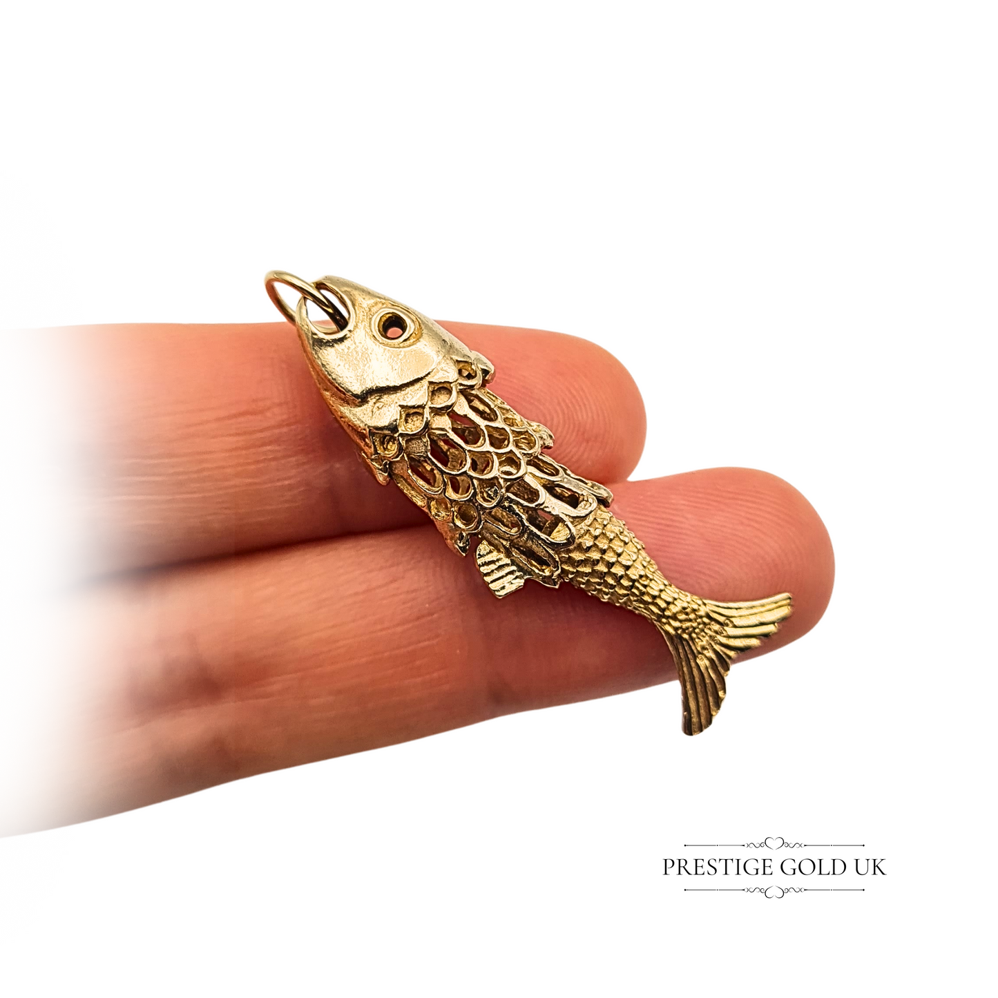 Large 9ct Gold Moving Fish Pendant, Articulating Fish Charm Hallmarked London 70's
