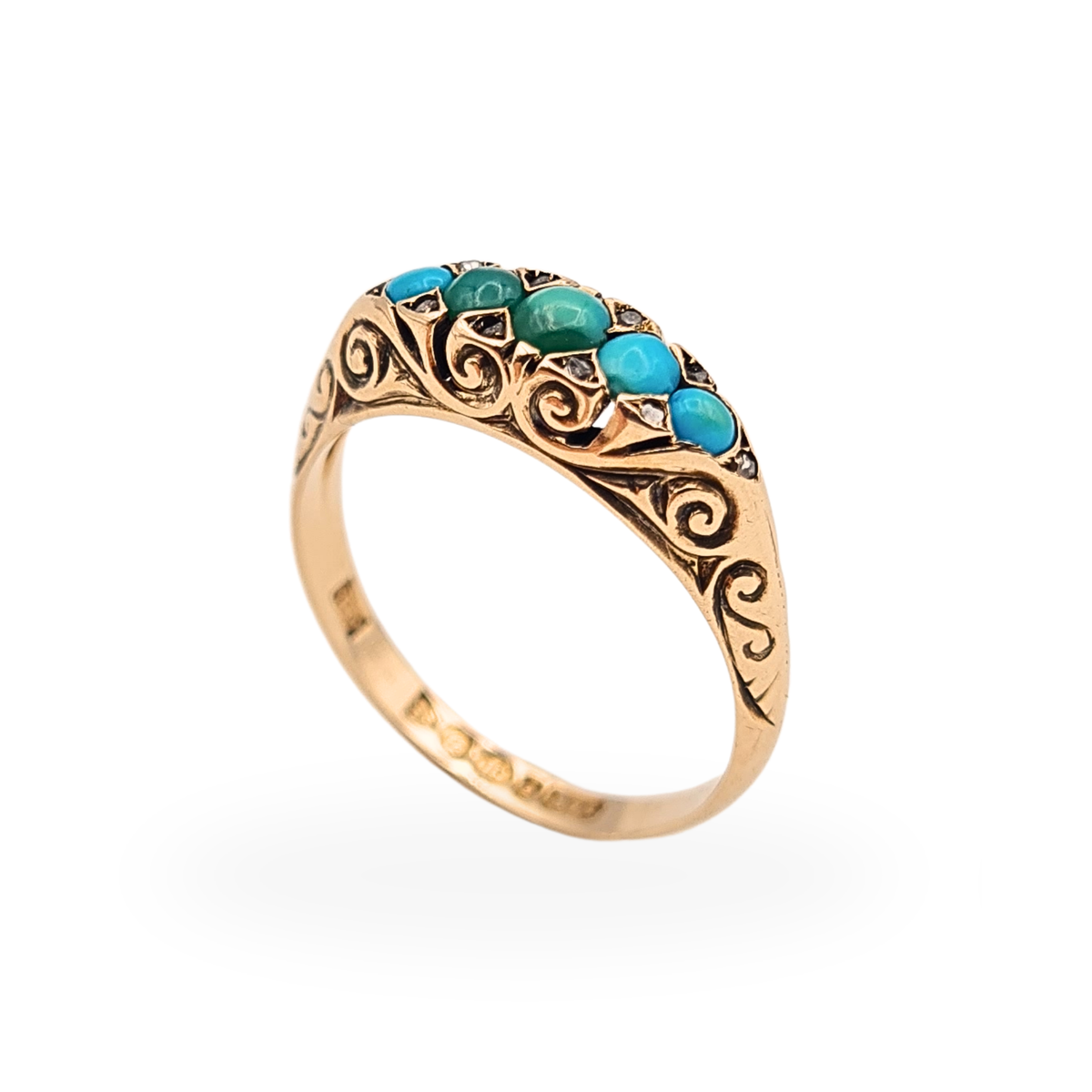Antique 9ct Gold Turquoise Diamond 5 Stone Ring,  Chester Hallmark 1902 UK P US 7 3/4