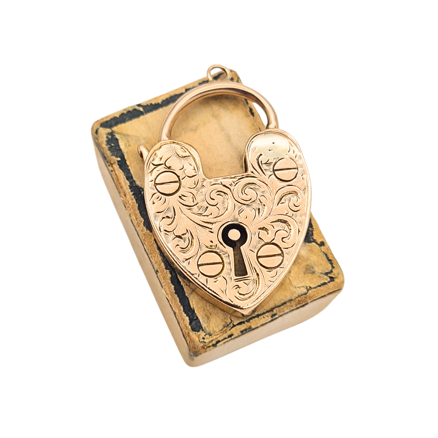 Large antique 9ct rose gold heart padlock clasp with engraved floral design
