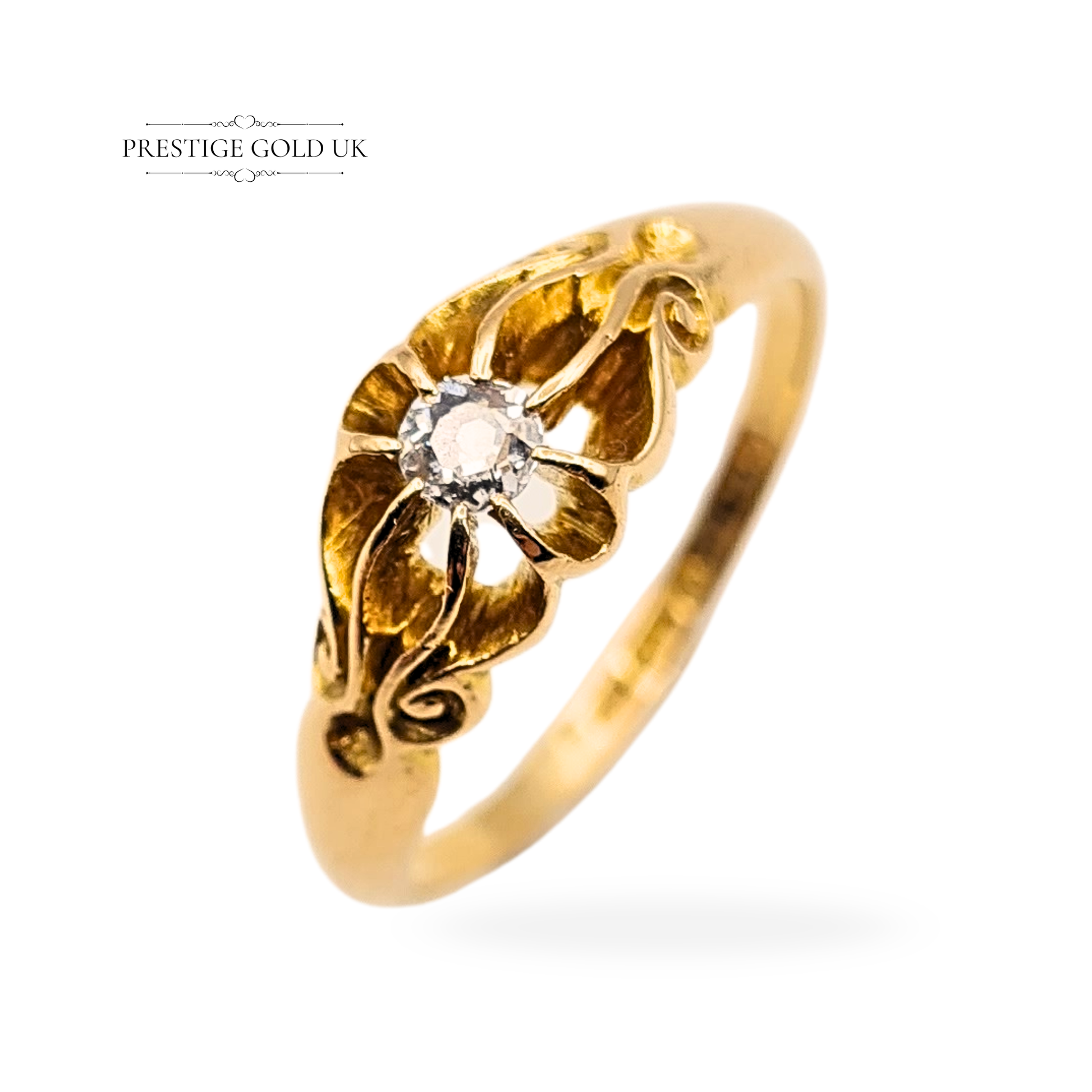 Antique 18ct gold Victorian solitaire ring with old cut 3mm diamond, Chester hallmark, professionally resized, UK size P / US 7.5, ornate band design, weighing 3.62g, ideal as a unique vintage engagement ring.