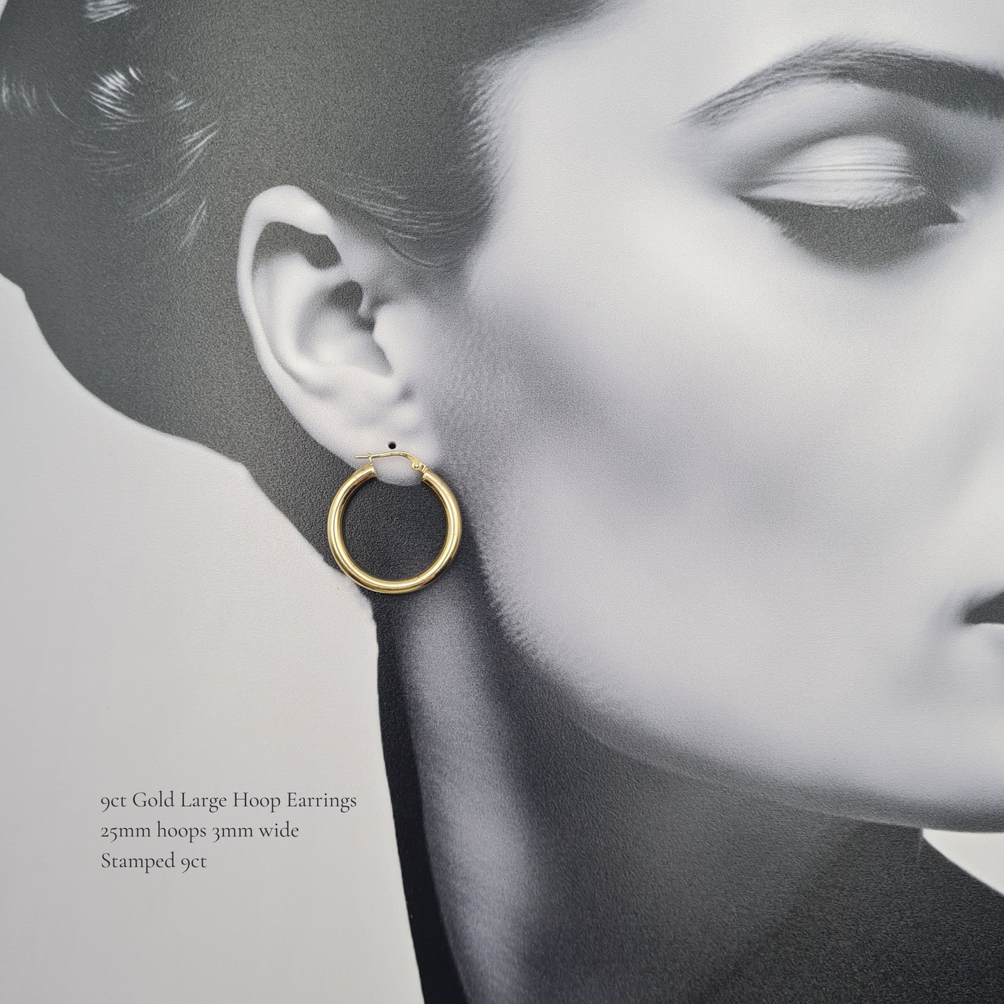 Large 9ct Gold Hoop Earrings Hollow Hoops Flip Top Fasteners 25mm