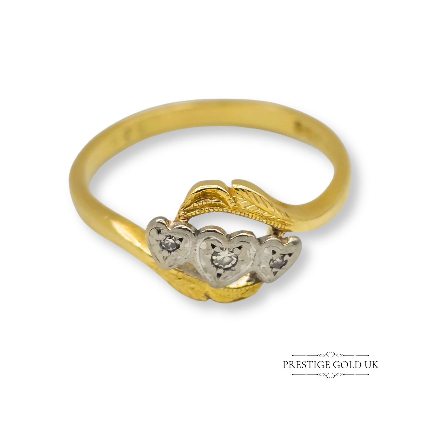 18ct Three Heart Diamond Ring Yellow & White Gold, Crossover Design