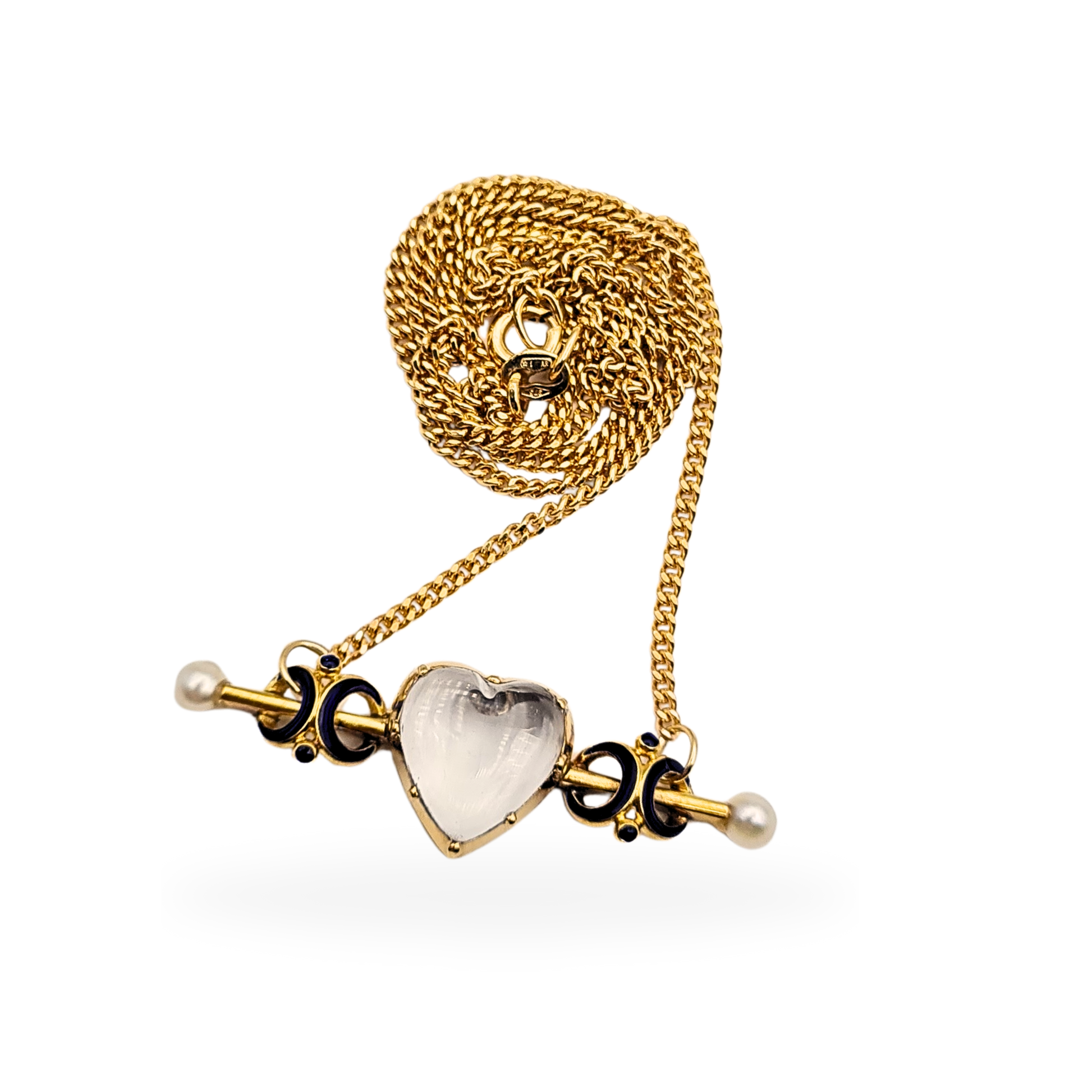 Antique mourning necklace featuring a 9ct gold curb chain with a 15ct gold heart-shaped locket pendant. Set with a quartz heart panel, pearl terminals, and blue enamel detailing. Measures 17 inches long, with a 40mm wide pendant, Victorian-era style.