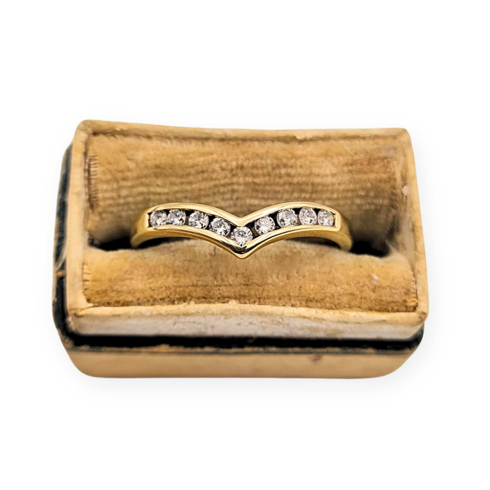 Vintage 9ct yellow gold wishbone ring with channel set cubic zirconia stones, UK L 1/2 US 6, lightweight 1.37g chevron stacking band