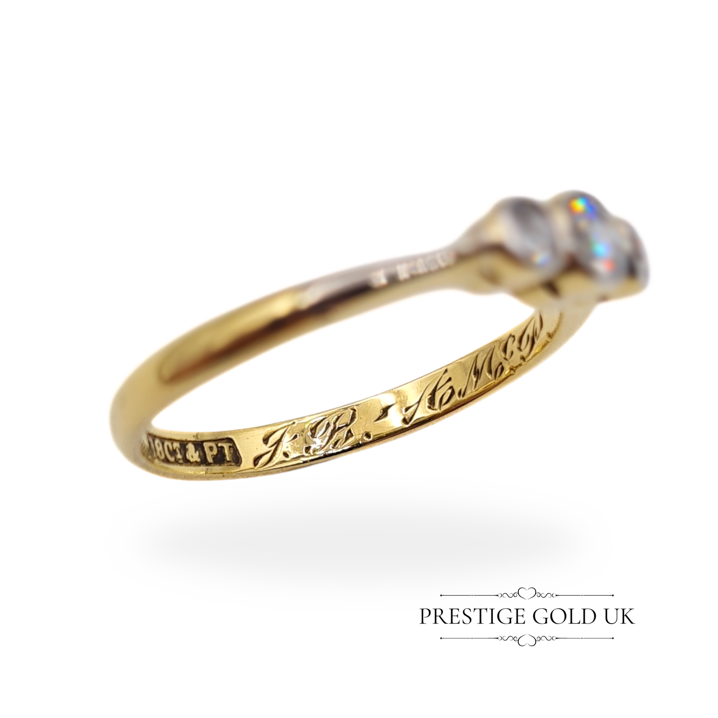 Vintage 18ct Gold & Platinum Triple Diamond Ring, UK I 1/2 US 4 1/4 Euro 48, Stamped 18ct, Engraved Band