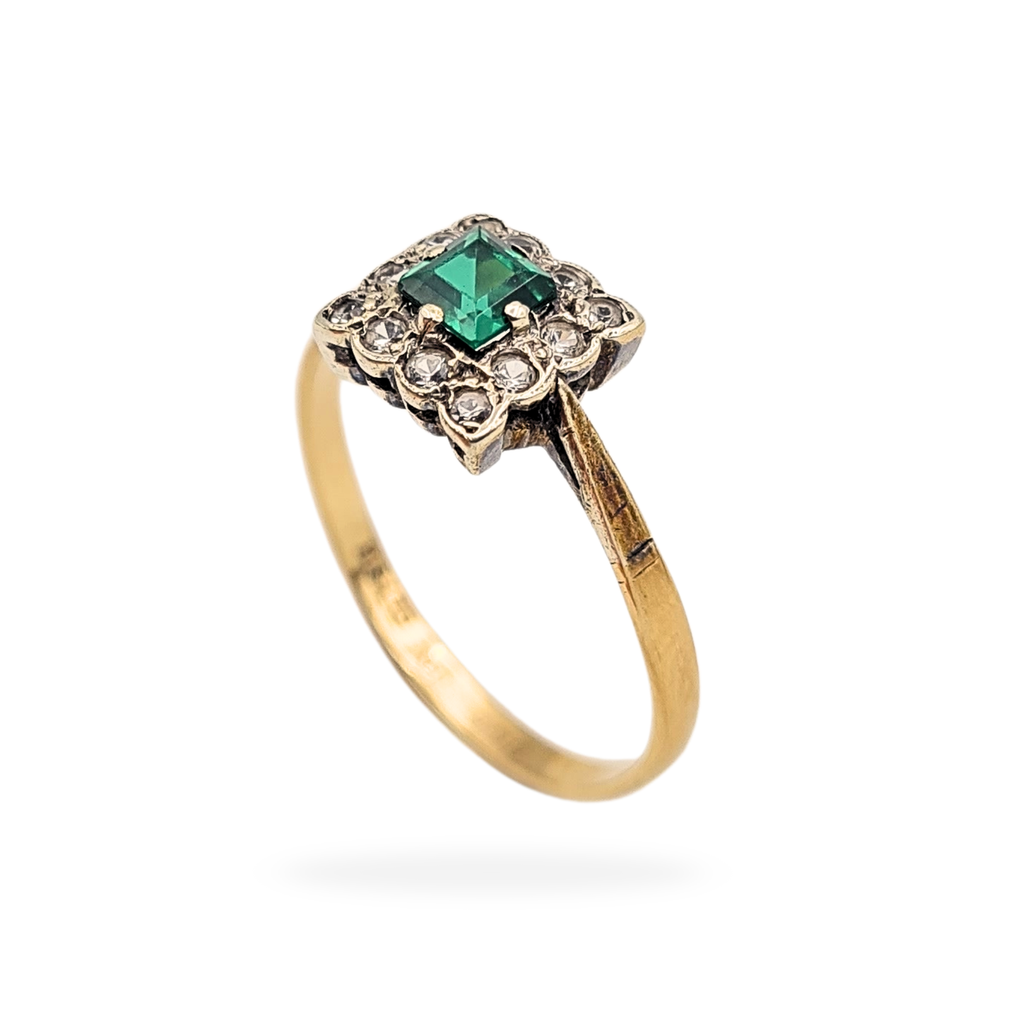 9ct Gold Square Paste Ring, Green And Clear Paste Stones UK R 1/2 US 9