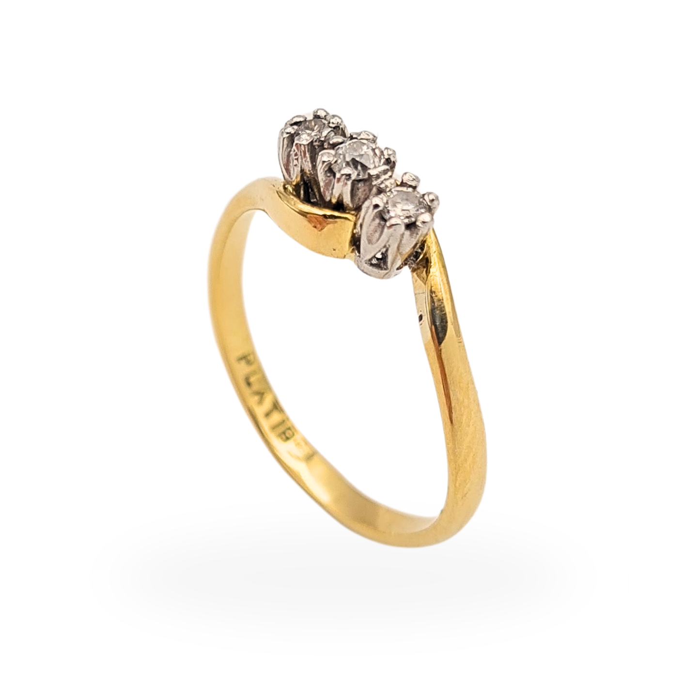 18ct Gold Platinum 3 Diamond Ring Trilogy Twist UK N US 6 3/4