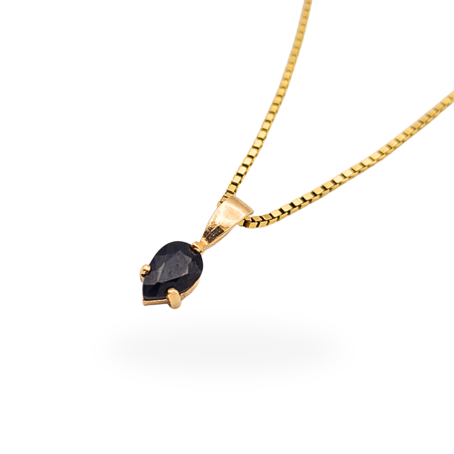 16" 9ct Gold Box Chain Necklace Blue Sapphire Pendant Hallmarked