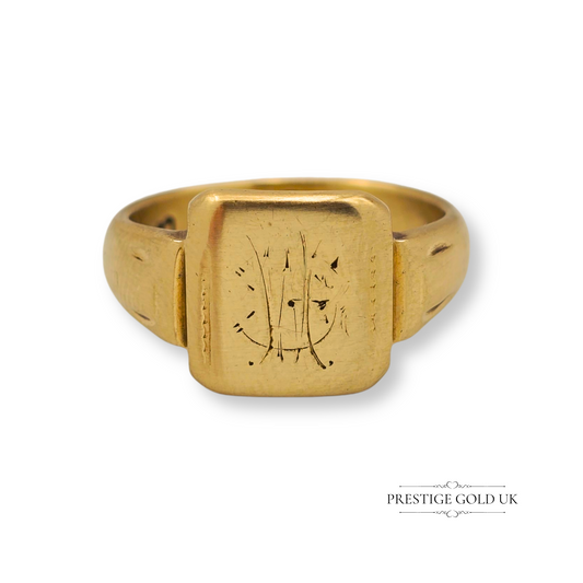 Vintage 9ct gold signet ring with large square face, hand-engraved monogram detail, solid yellow gold band, fully hallmarked Birmingham 1951, classic antique styling ideal for pinky or statement wear.