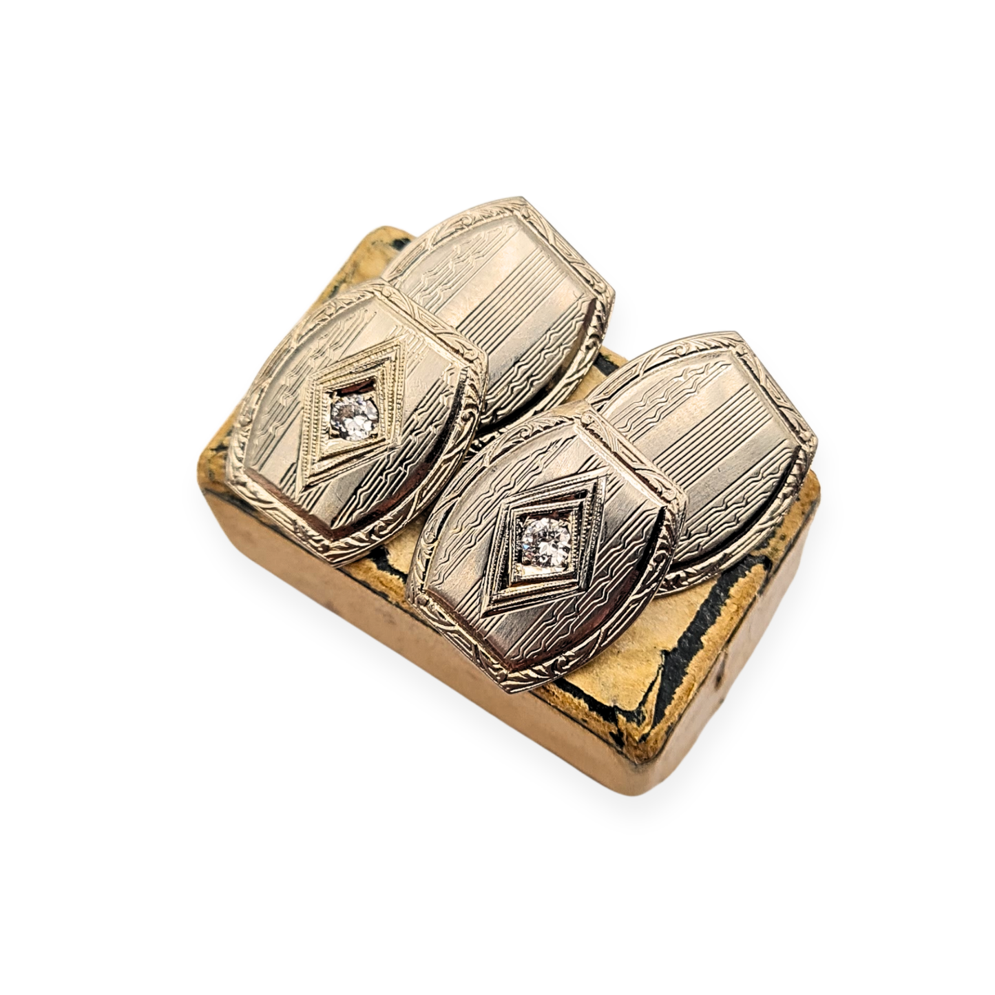 10ct White Gold Diamond Cufflinks, Art Deco Style, 10k Stamp