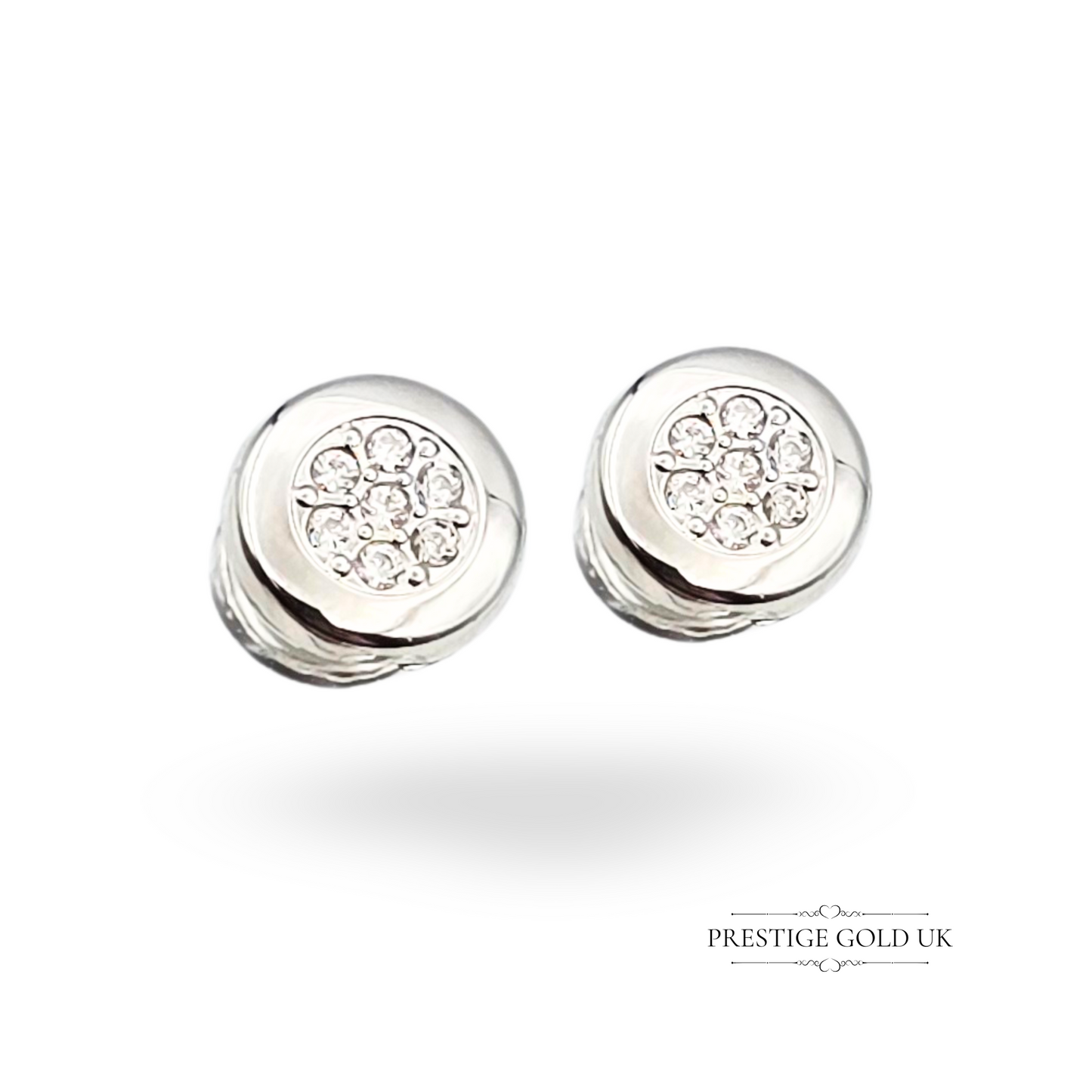 14ct White Gold Round Stud Earrings, CZ Centre, 6mm Wide, Screw Backs