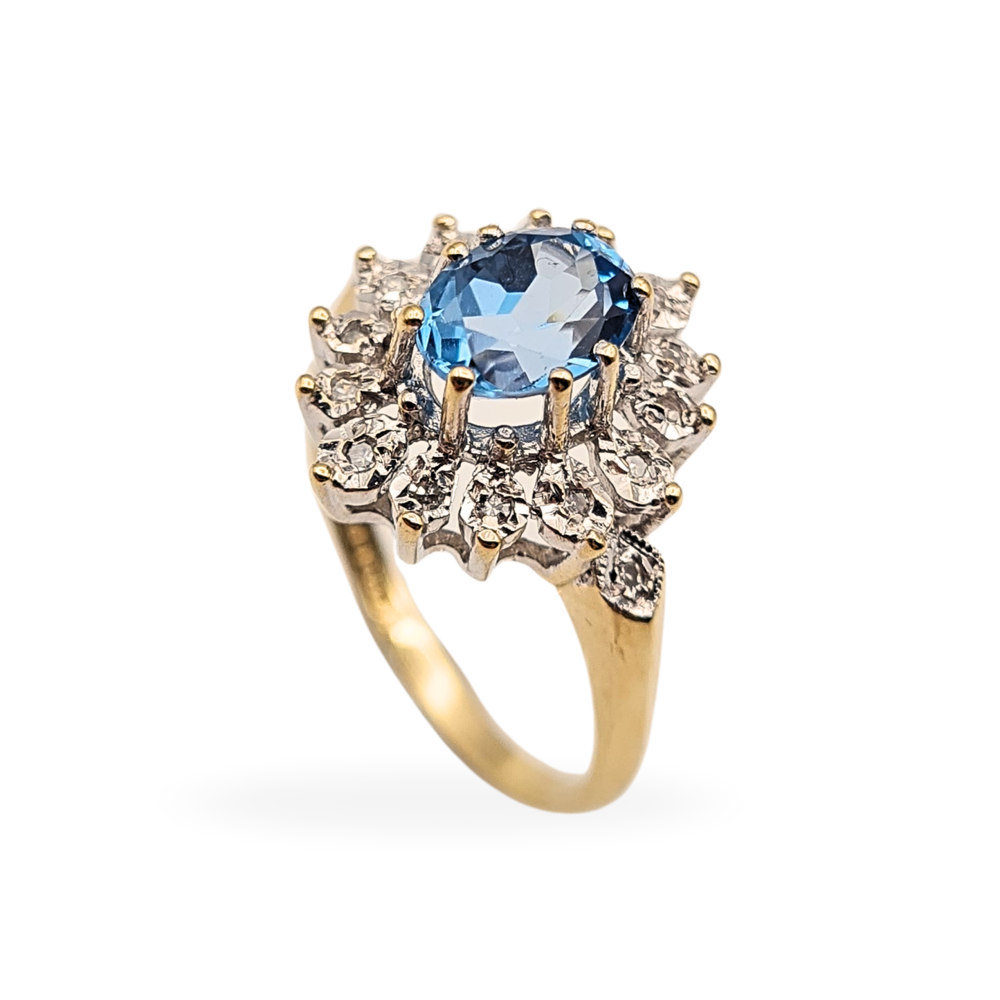 9ct Gold Oval Blue Topaz & Diamond Cocktail Ring - Size UK N, US 6 3/4,