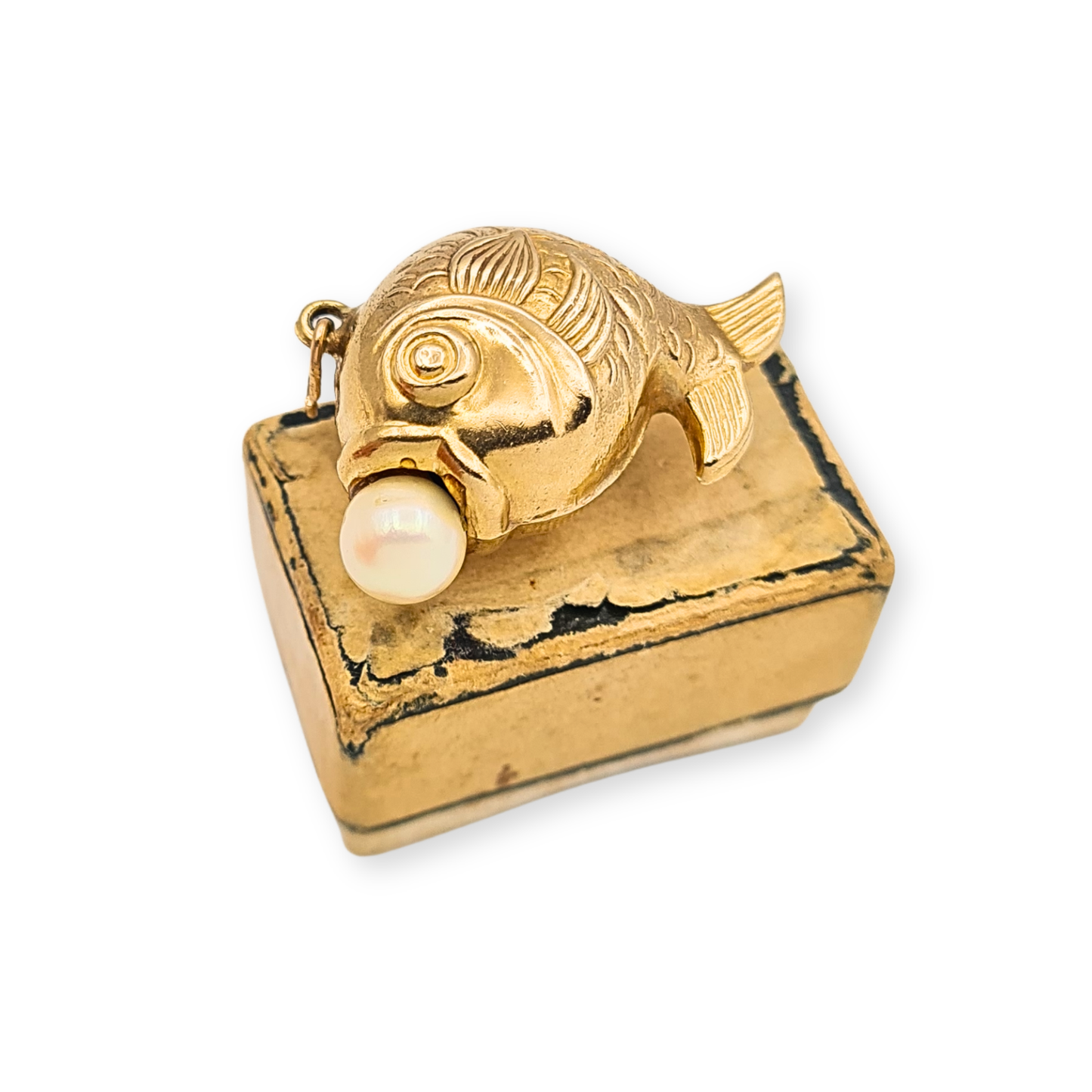 Vintage 9ct Gold Fish with Pearl Charm Puffy Cartoon Pendant Hallmarked 1972