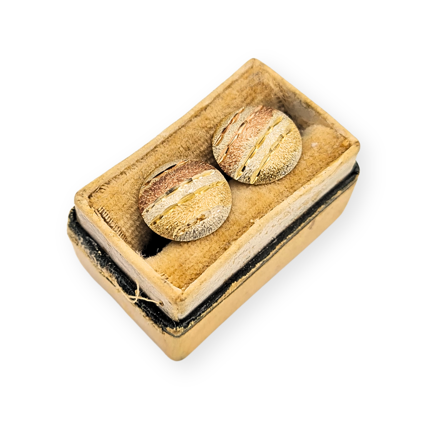 9ct Gold Two Colour Round Stud Earrings, 10mm Engraved Disc Design