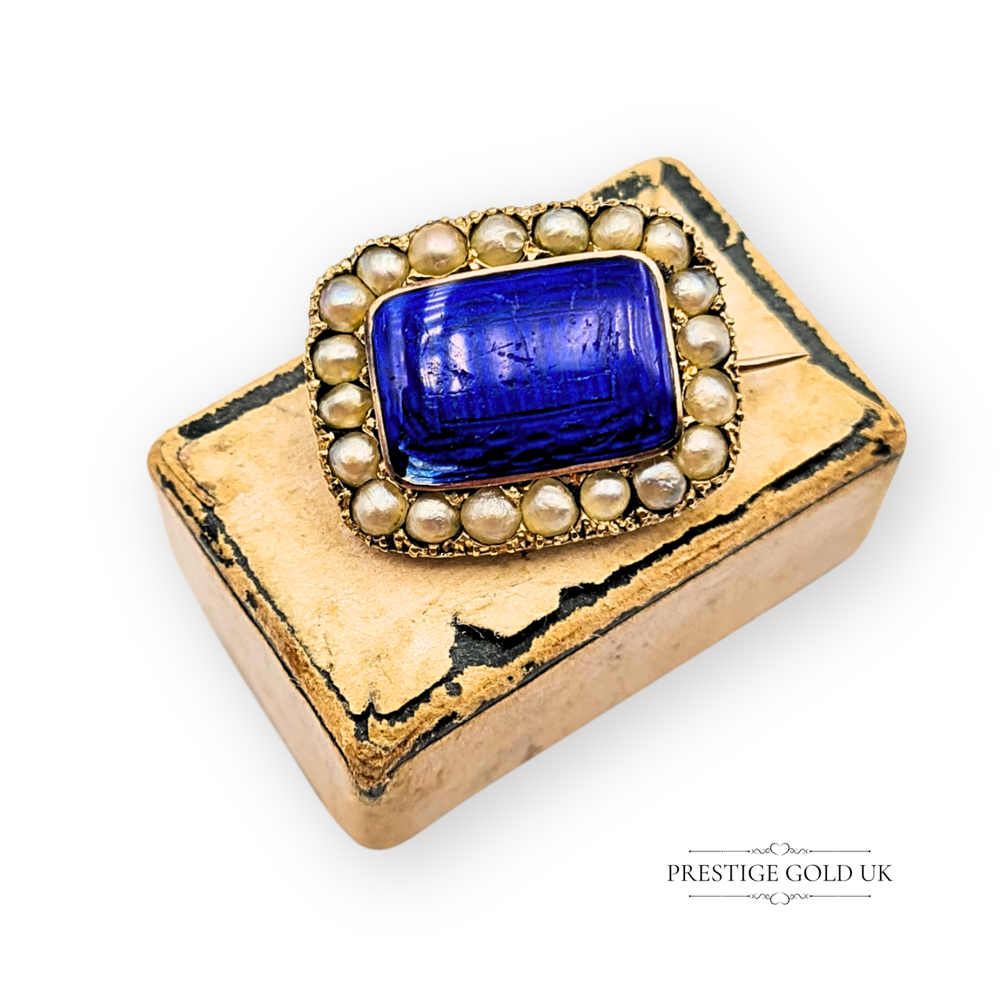 Clearance Item Small 9ct Gold Antique Brooch, Blue Enamel & Natural Pearls