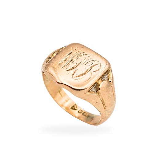 9ct rose gold shield signet ring with engraved WB monogram, hallmarked in Chester, UK size M US 6, rectangular 12 x 13 mm face, antique signet design with warm rose gold tone, resized with light age-related wear.