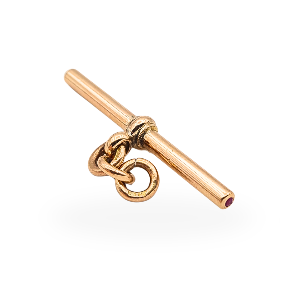 9ct rose gold ruby T bar pendant 38mm solid gold Albert fob with bezel set ruby ends