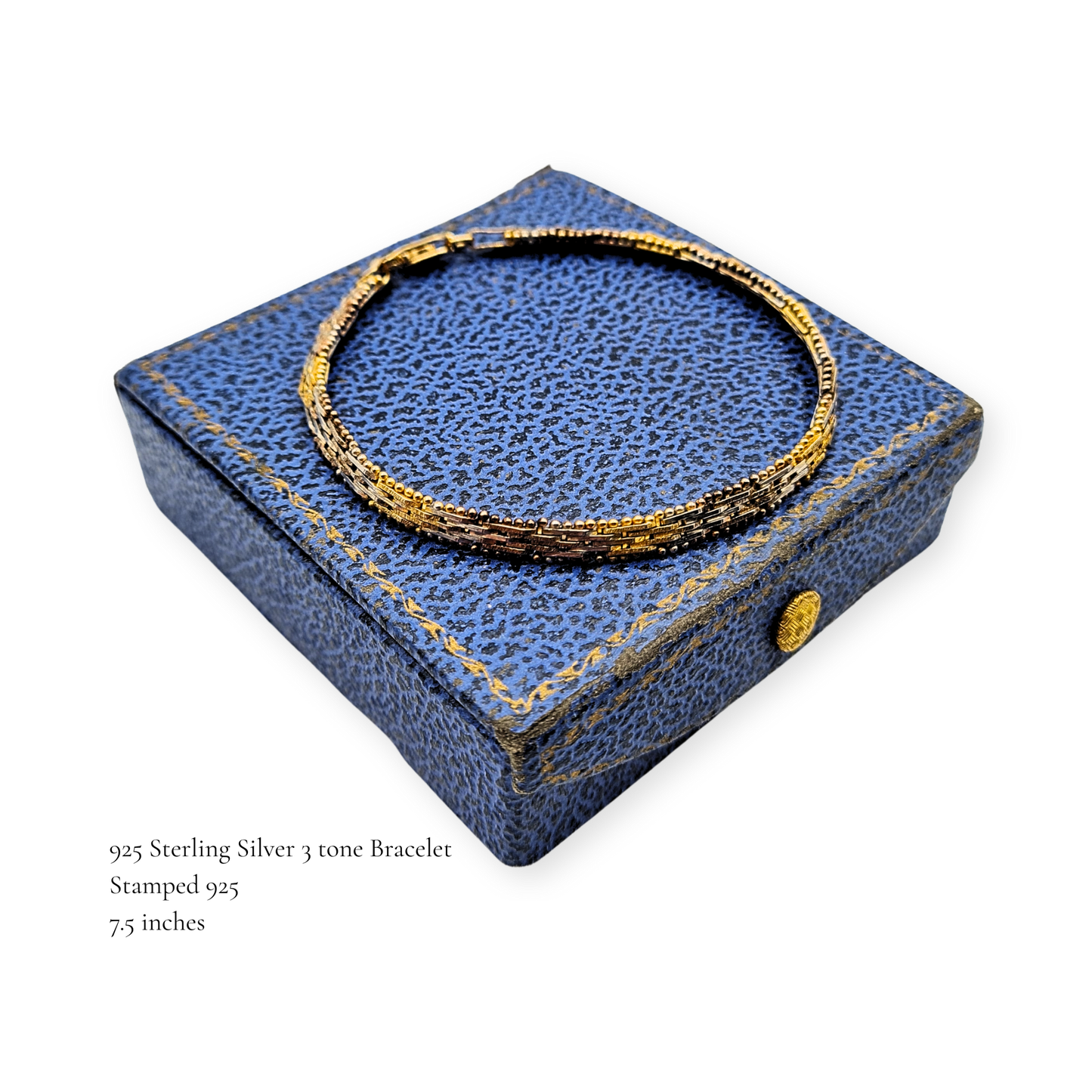 7 1/2 " 925 Silver 3-Tone Bracelet, Beaded Edge,