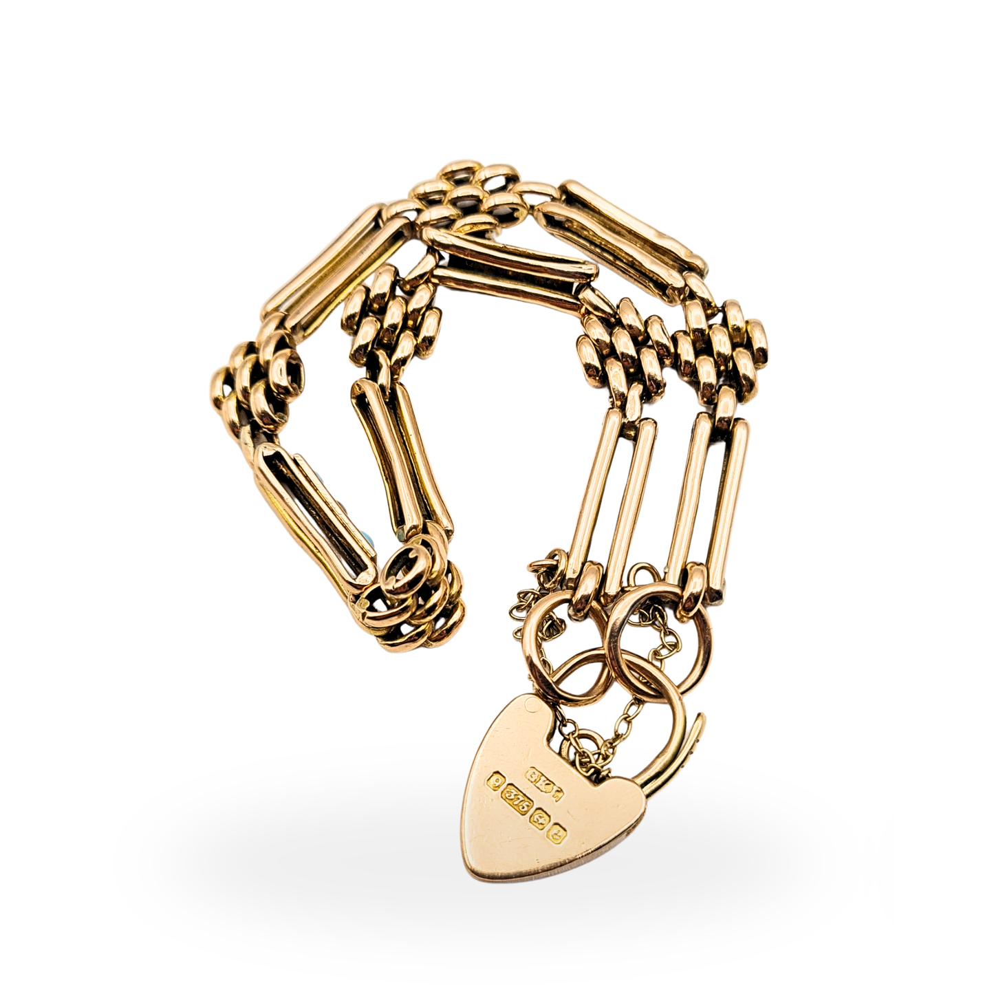 Antique 9ct Rose Gold Turquoise Pearl Gate Bracelet, 1904, 7½ inches long