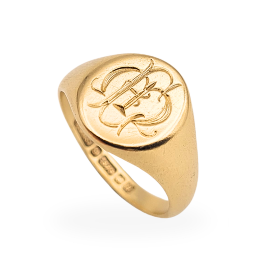 9ct gold engraved initial signet ring Birmingham 1969 vintage small pinky ring

