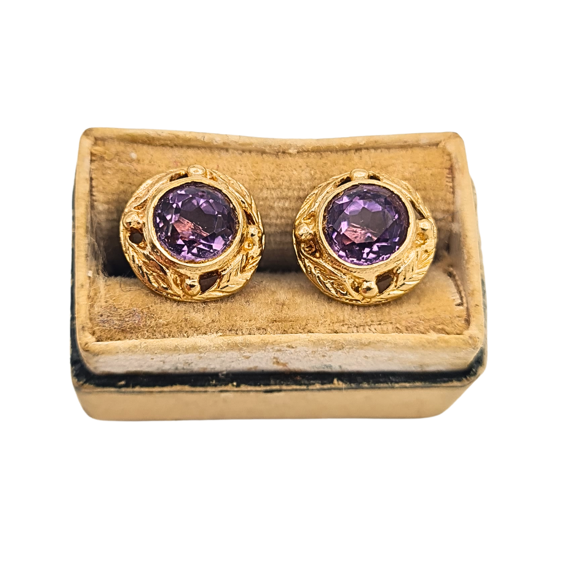 9ct gold amethyst stud earrings with domed bezel set design and leaf detailing