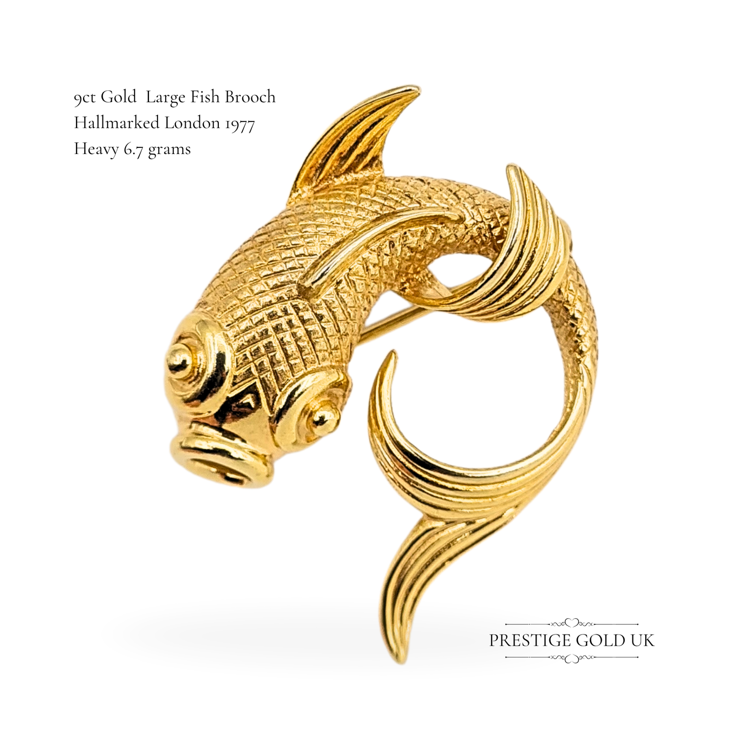 Large 9ct Gold Koi Carp Brooch, Ornate Fish Pin With Secure Clasp