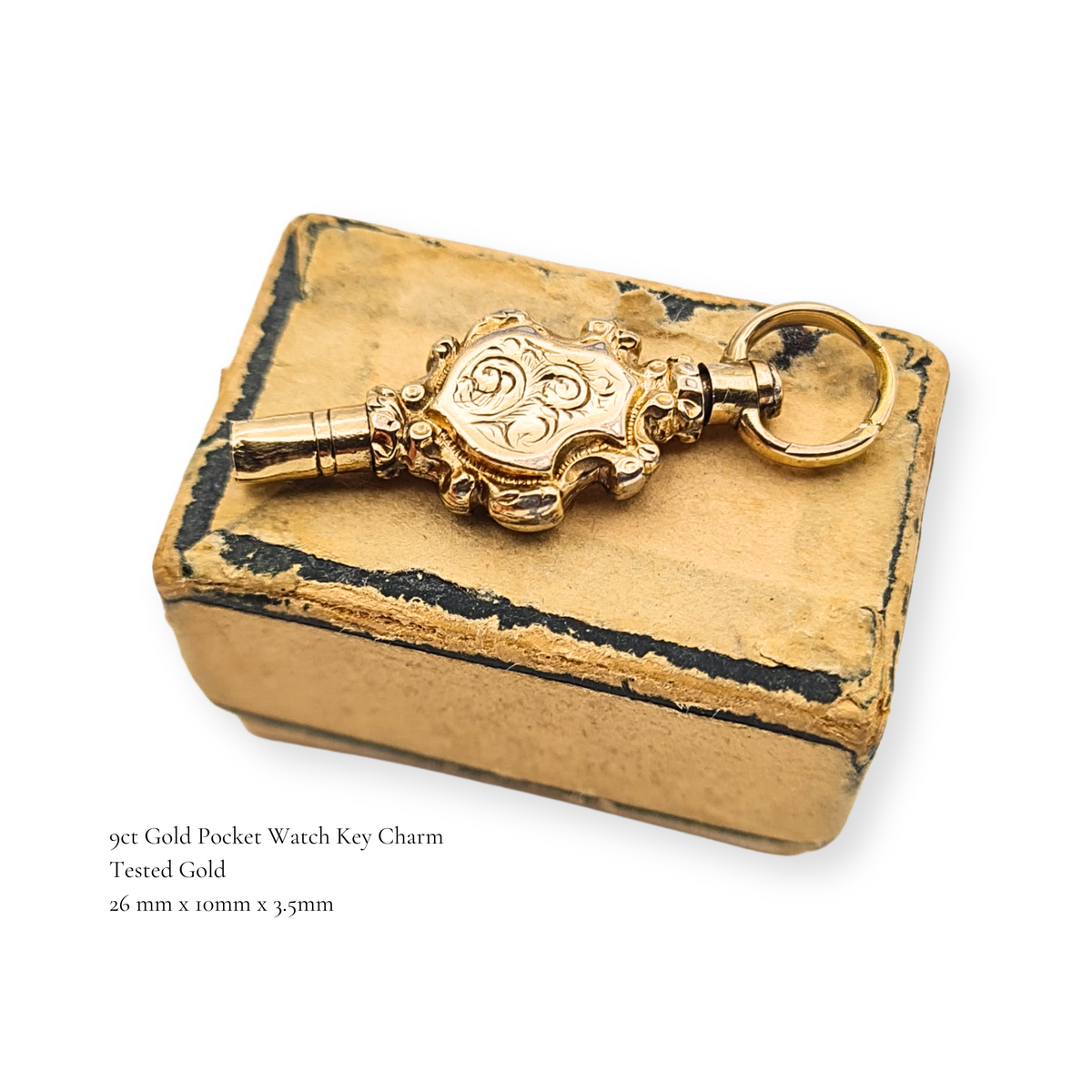 9ct Gold Pocket Watch Winding Key Charm Hand Engraved