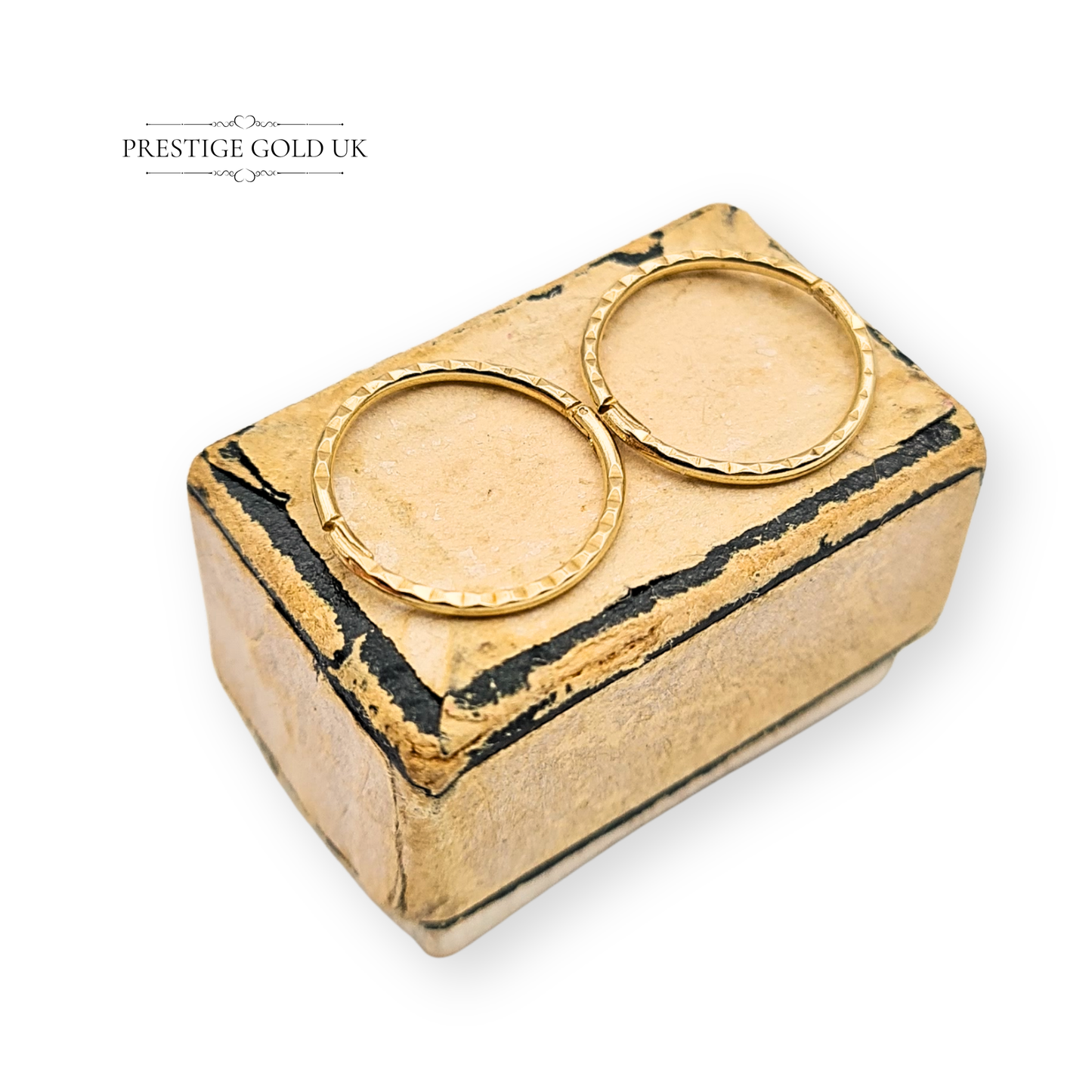 9ct Gold Small Hinged Hoop Earrings, 10mm Diameter Chevron Pattern Lightweight Tiny Gold Hoops