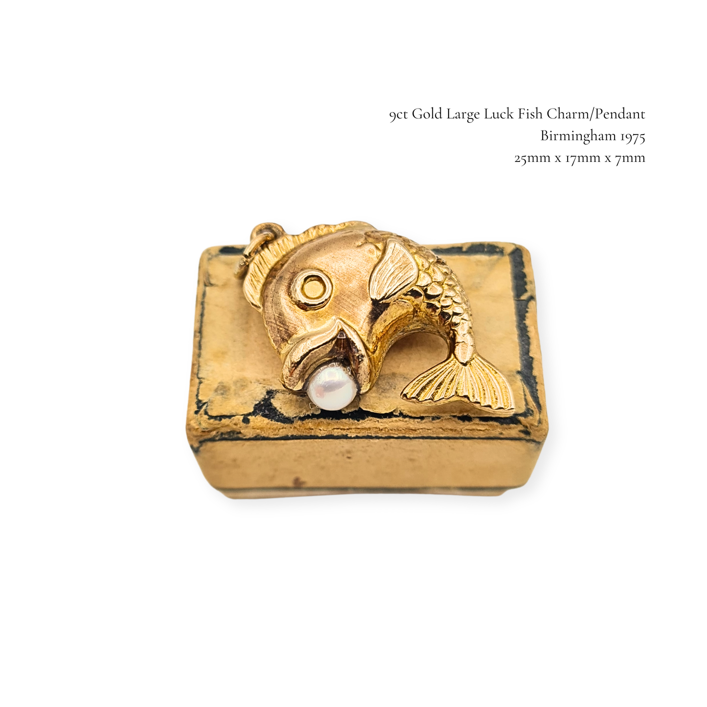 9ct Gold Lucky Fish Charm Pendant Pearl Puffy Fish