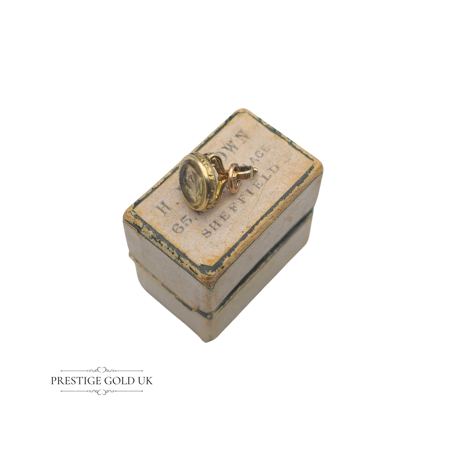 Tiny 9ct Gold Antique Intaglio Wax Seal Fob – Engraved with Drinking Birds, 13mm Tall, Open Jump Ring, Ornate Yellow Crystal Fob