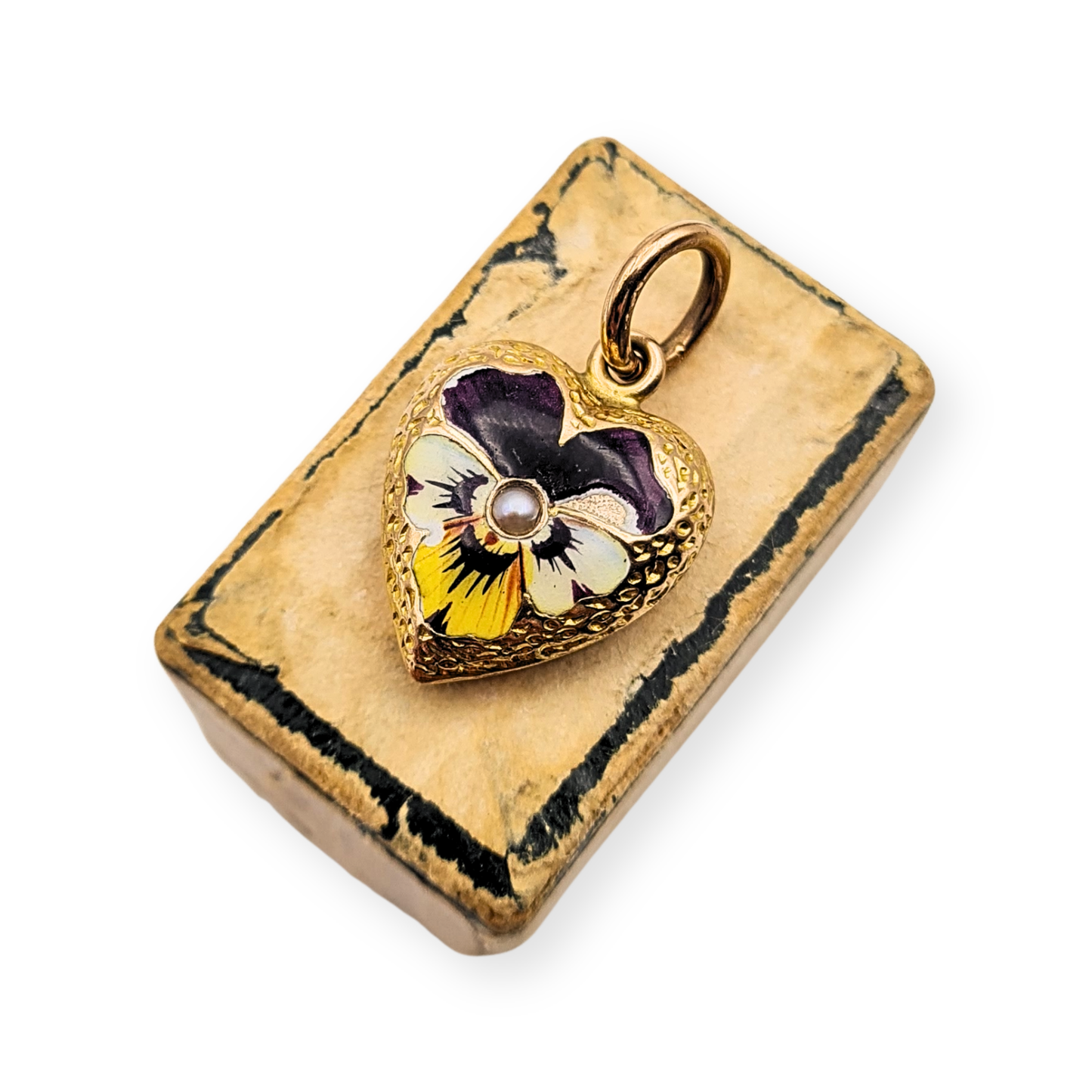 Tiny 9ct Gold Enamel Heart Pendant, Pansy & Pearl Gift