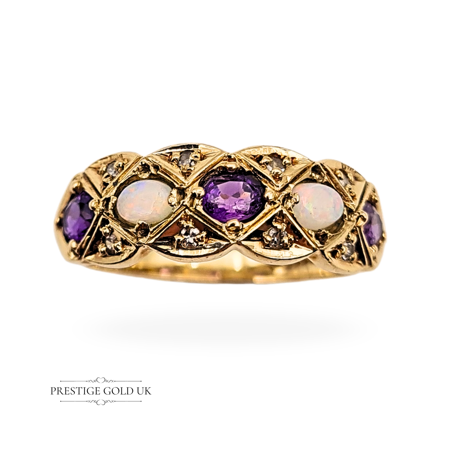 9ct Gold Amethyst Opal Diamond Ring, 1969  UK P / US 7 3/4