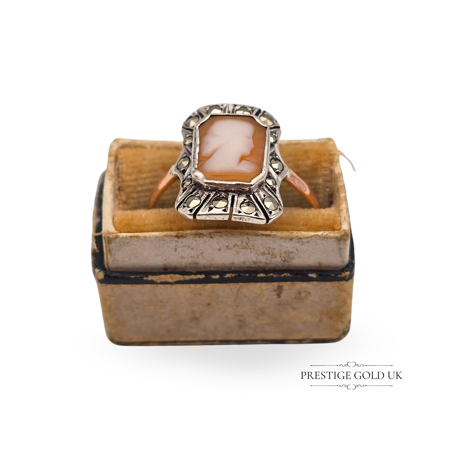 Antique 9ct Rose Gold & Silver Cameo Ring,  Marcasite Stones, UK R 1/2 US 8 3/4