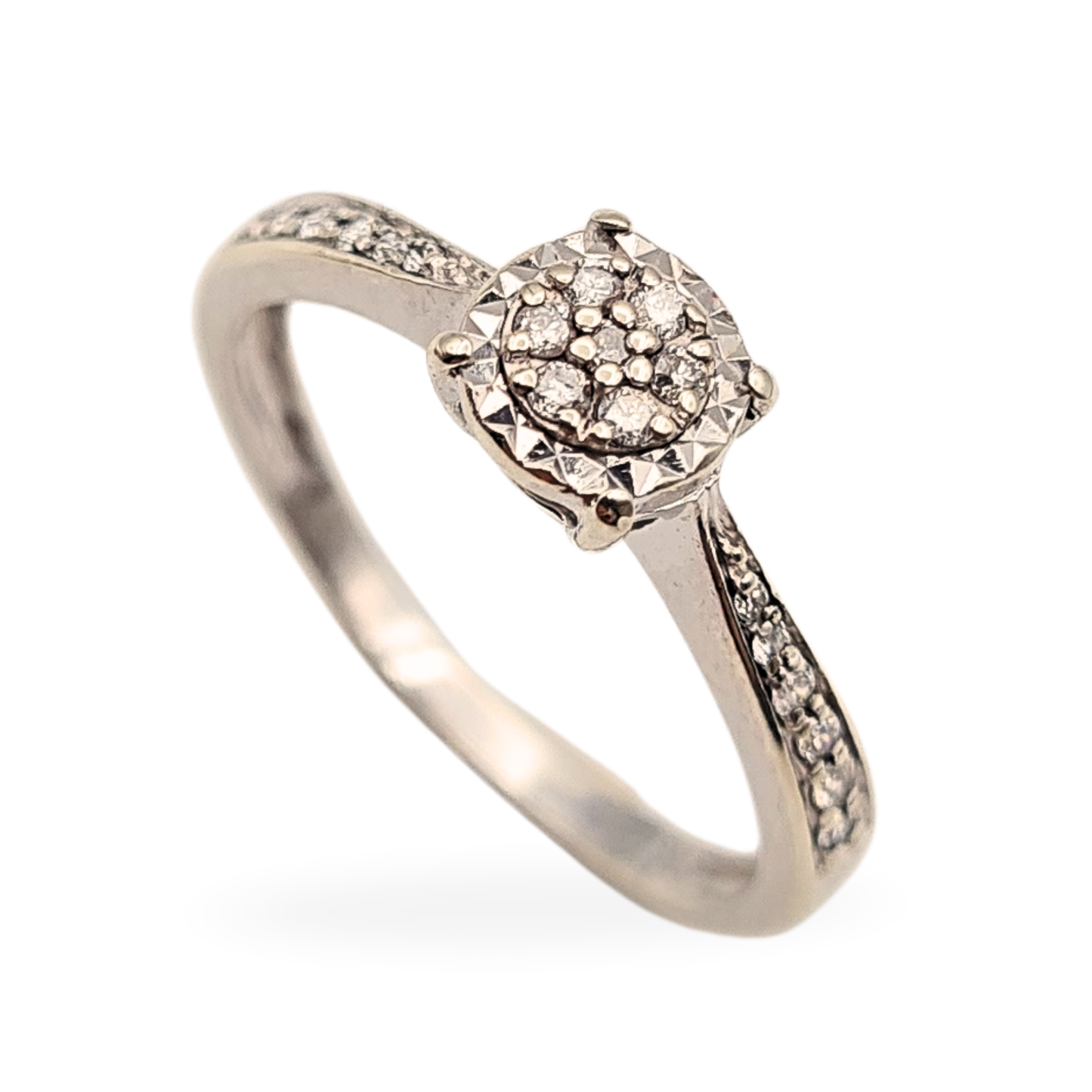 9ct White Gold Engagement Ring, Diamond Pavé Shoulders, UK M 1/2 / US 6.5