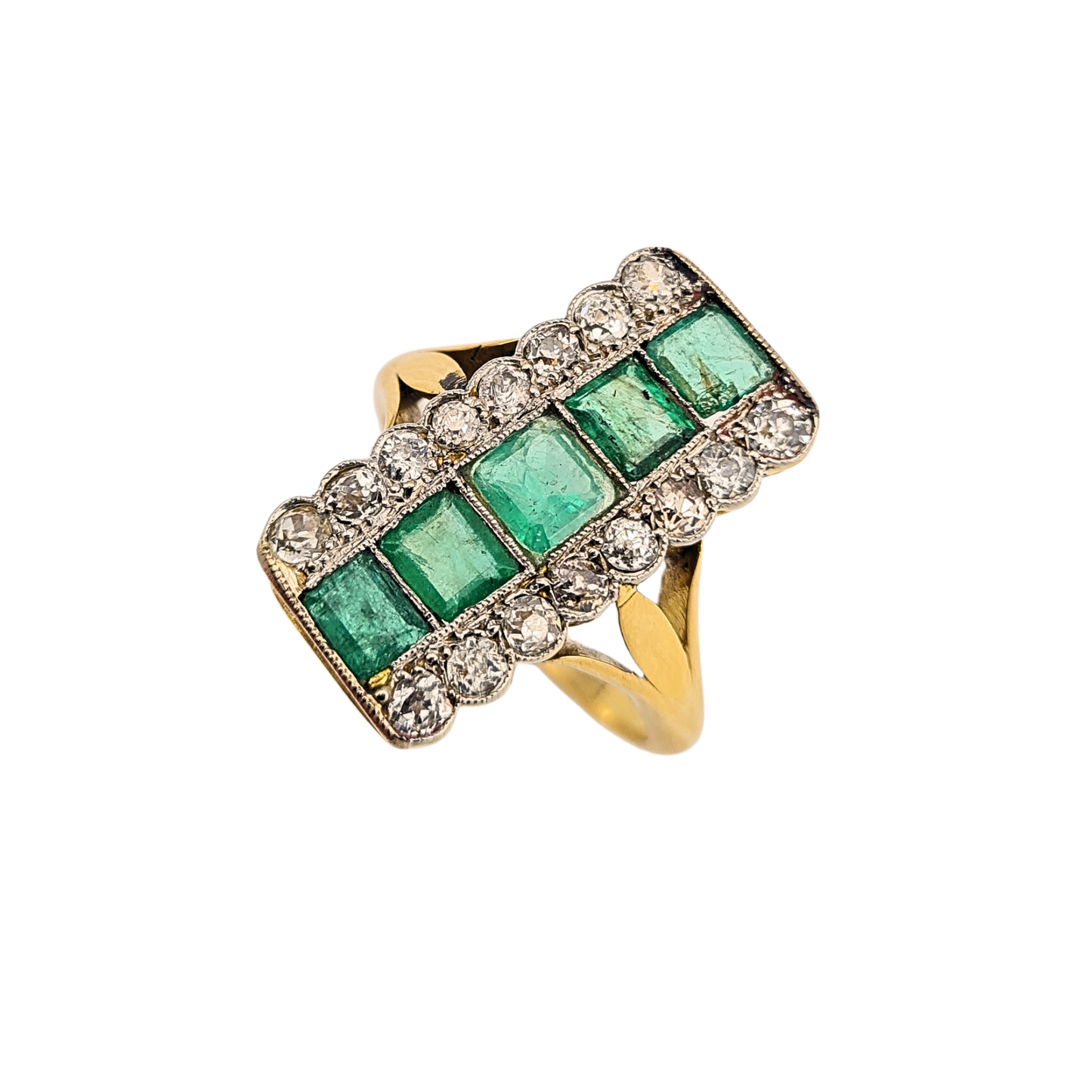 18ct Gold Emerald Diamond Ring, Old Cut, UK Q / US 8