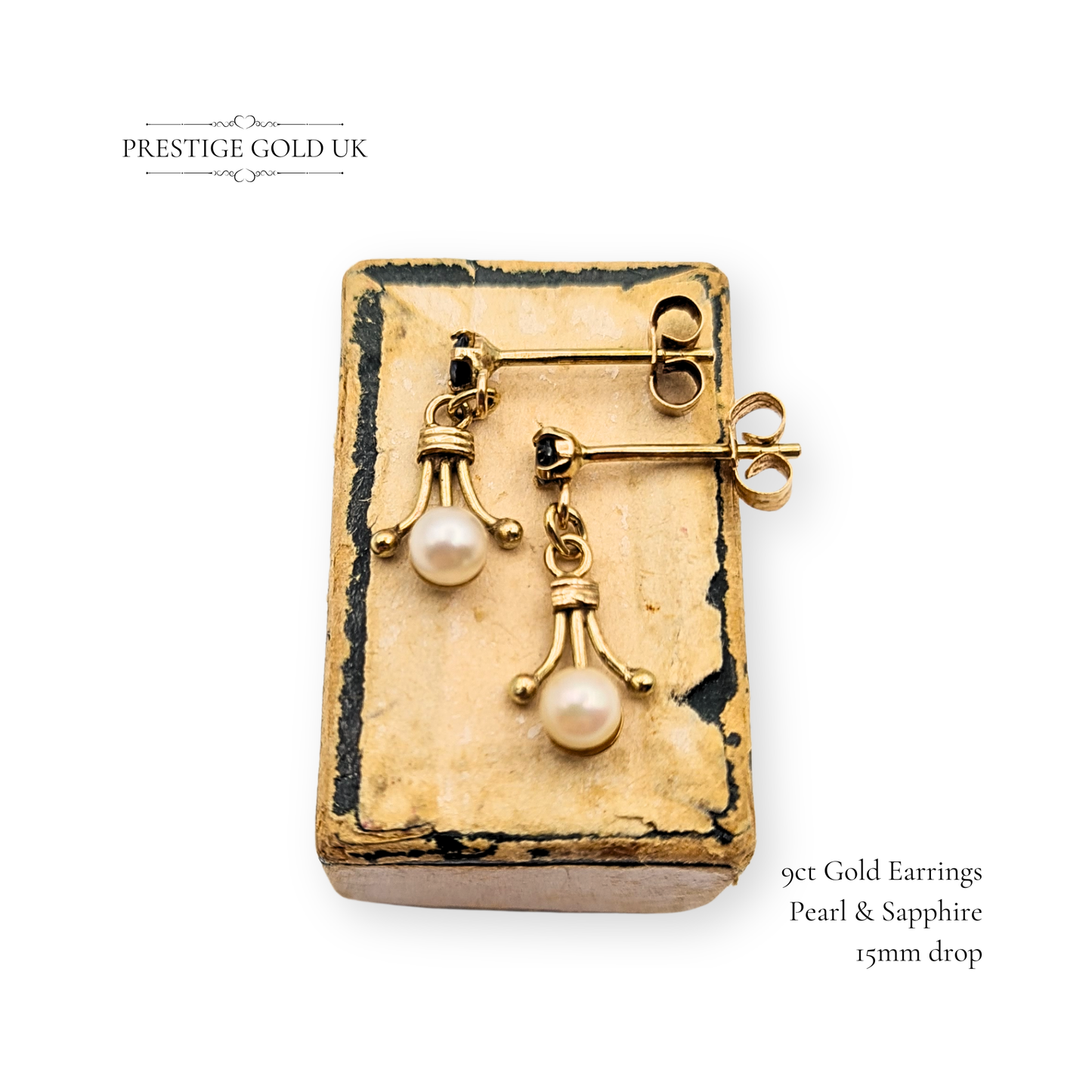 9ct Gold Pearl & Sapphire Earrings, 15mm Drop, Victorian Style