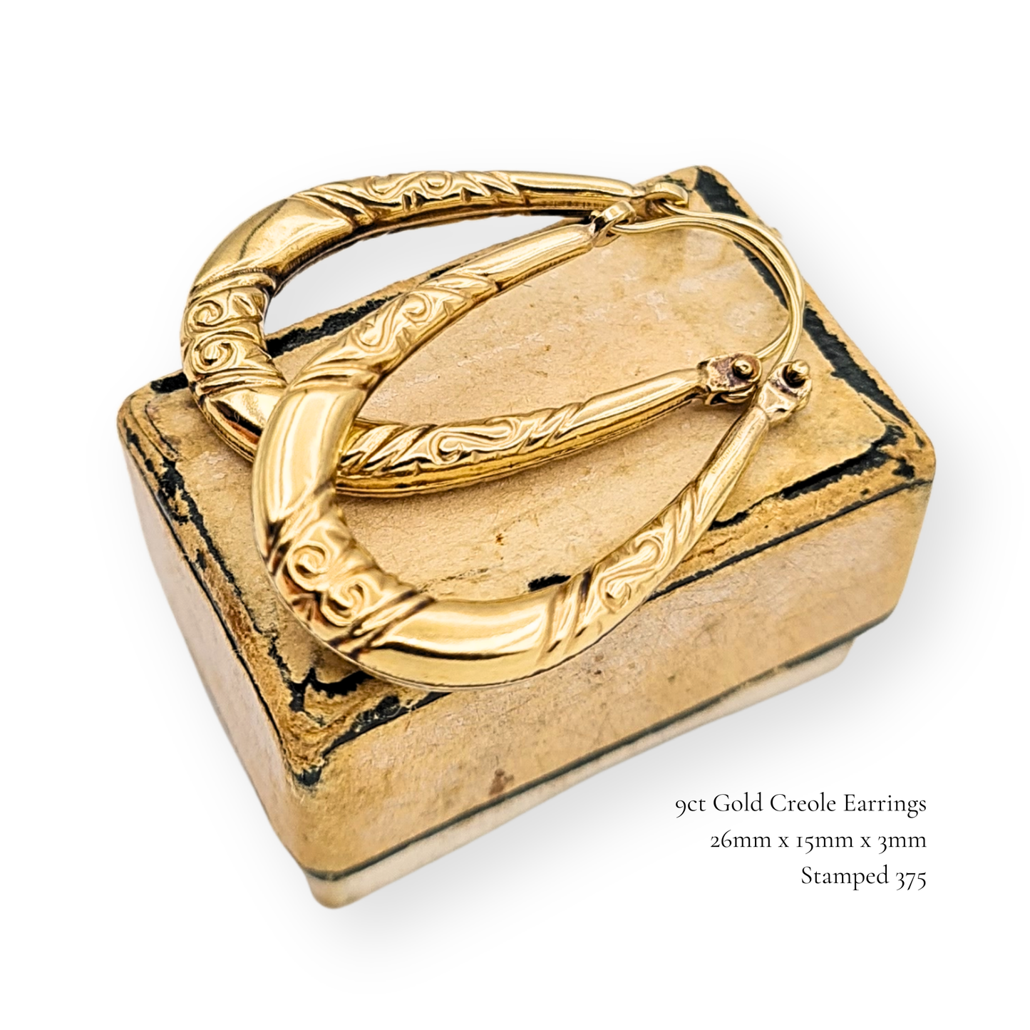 9ct Gold Creole Hoop Earrings, Stamped 375, Engraved