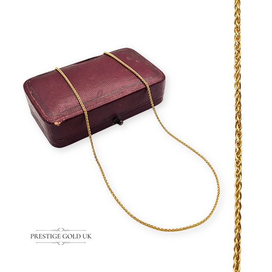 Solid 14ct gold spiga chain necklace, 20 inches (51cm) long and 1.2mm wide, weighing 3.5g, stamped 585 and fully tested, featuring fancy rope-like spiga links and a secure lobster clasp. A delicate, versatile gold necklace.
