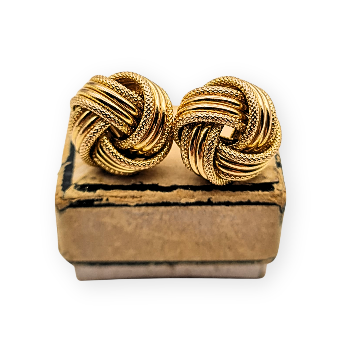 Pair of 9ct gold twist knot stud earrings with polished and textured rope design. Fully hallmarked and stamped 375, weighing 3.24g with 12mm face diameter. Elegant, classic gold studs suitable for daily wear or special occasions.