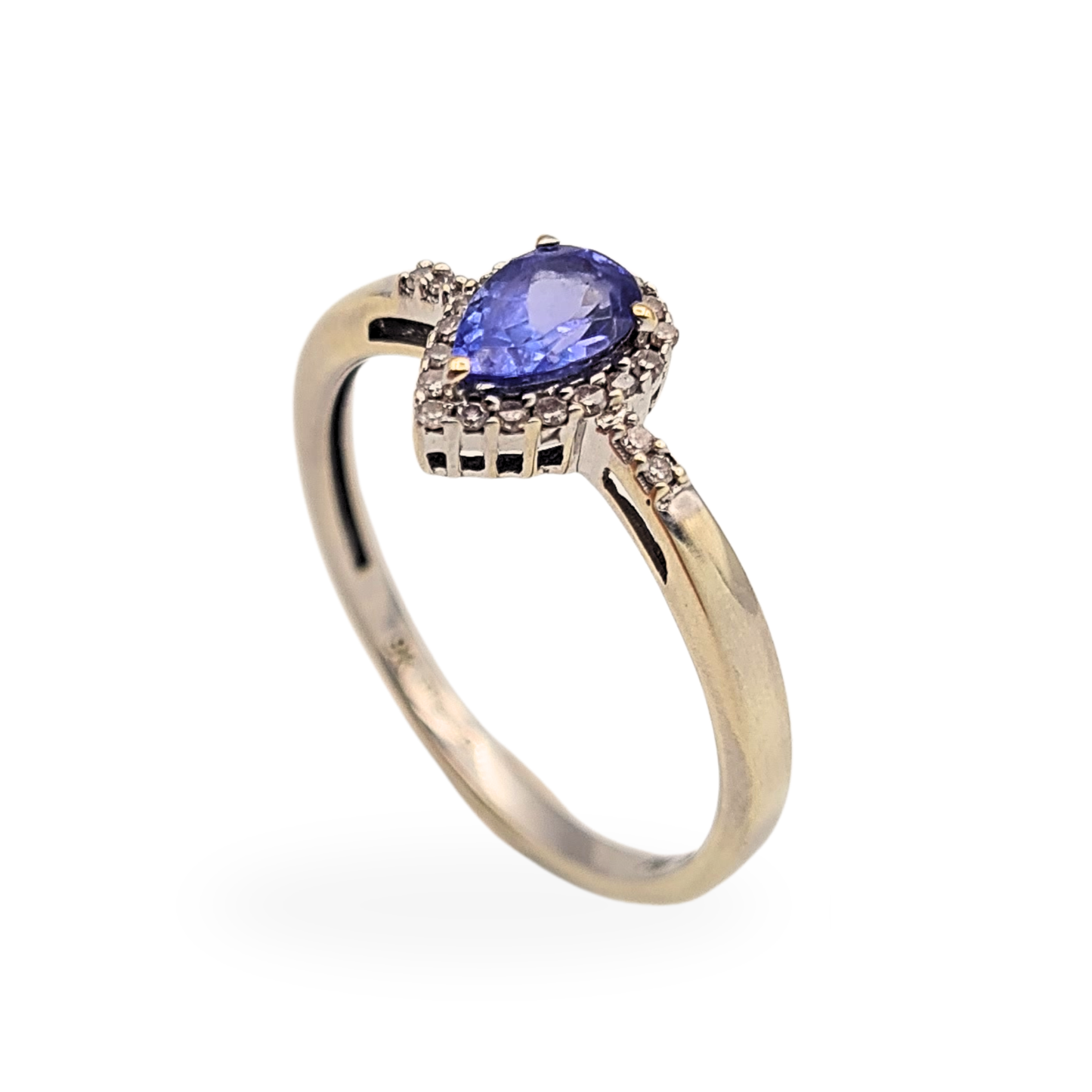 9ct White Gold Tanzanite Diamond Ring Pear Halo UK P US 7 3/4