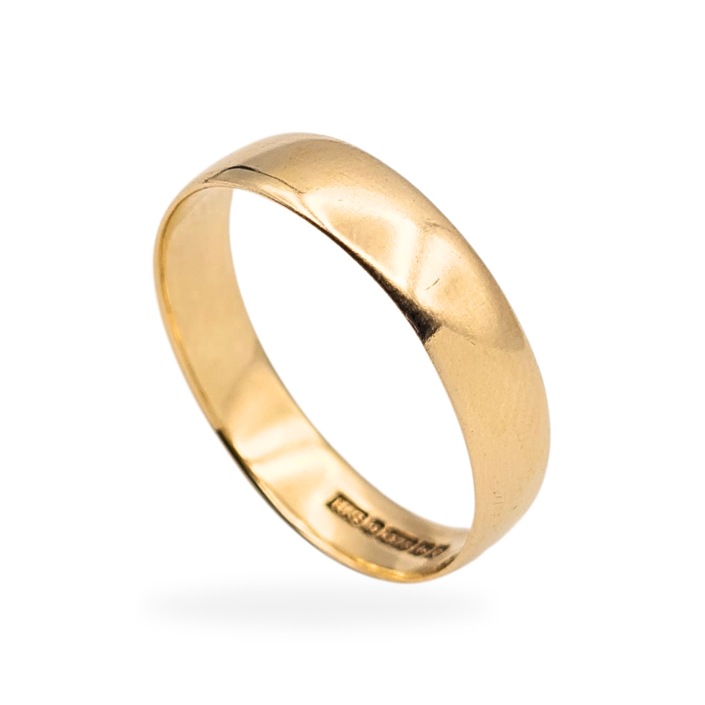 9ct gold wide wedding band ring hallmarked in Birmingham 1988, UK size W US 11, solid 5mm wide profile, vintage yellow gold band with soft domed finish, light age-related wear, classic unisex wedding ring design.