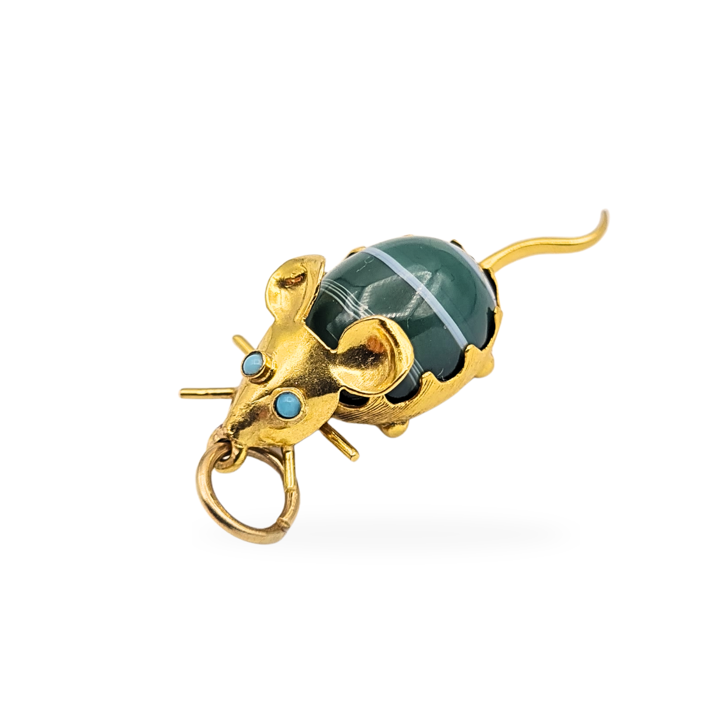 18ct Gold Mouse Charm Turquoise Eyes Green Cabochon Body