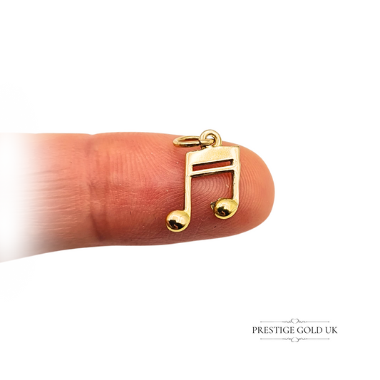 Vintage 9ct gold musical note charm pendant, London 1998 hallmark, quaver beamed notes design, 12mm x 7mm, 0.5g weight, small collectible charm for bracelet or necklace, musician jewellery gift
