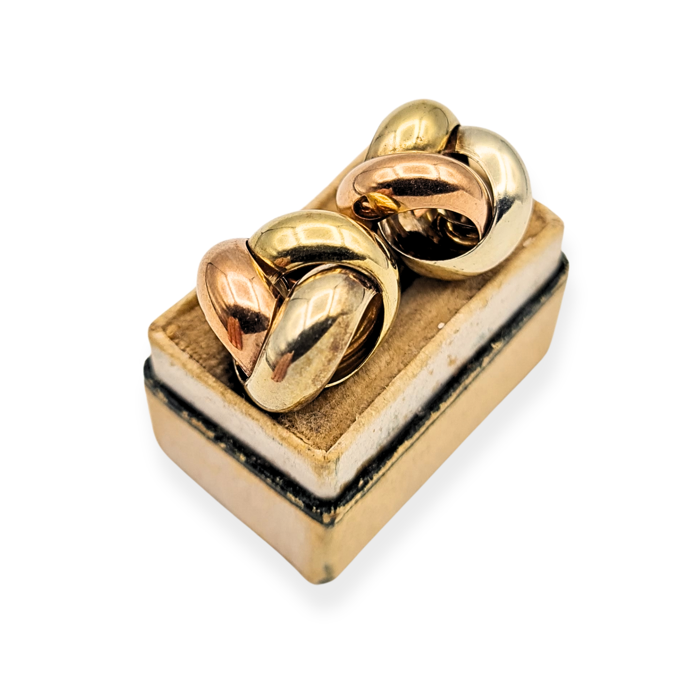 Large 9ct three-colour gold twist knot stud earrings measuring 13mm wide and weighing 2.54g, fully British hallmarked. Crafted in solid rose, yellow, and white gold with polished finish and butterfly backs for secure, comfortable wear.