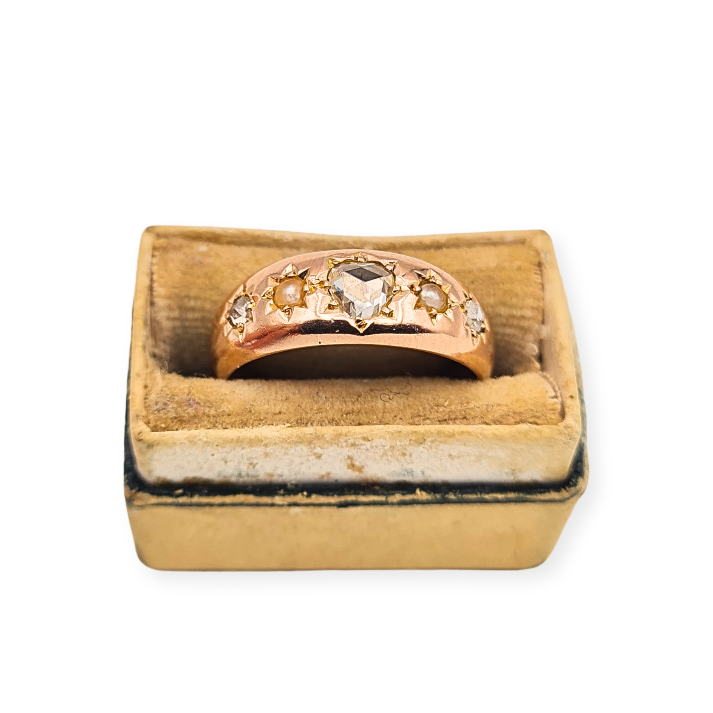 Antique 15ct Rose Gold Ring Heart Cut Diamond Pearl Birmingham 1891 UK J½