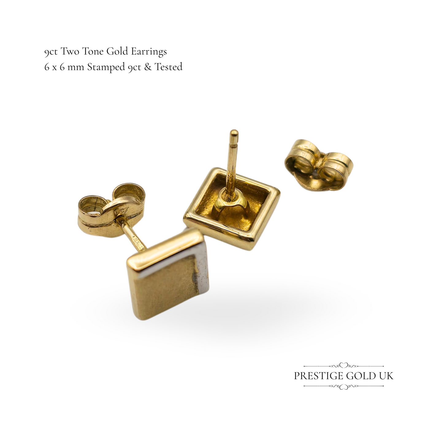 9ct Two-Tone Gold Square Stud Earrings, Yellow & White Gold, Geometric Design